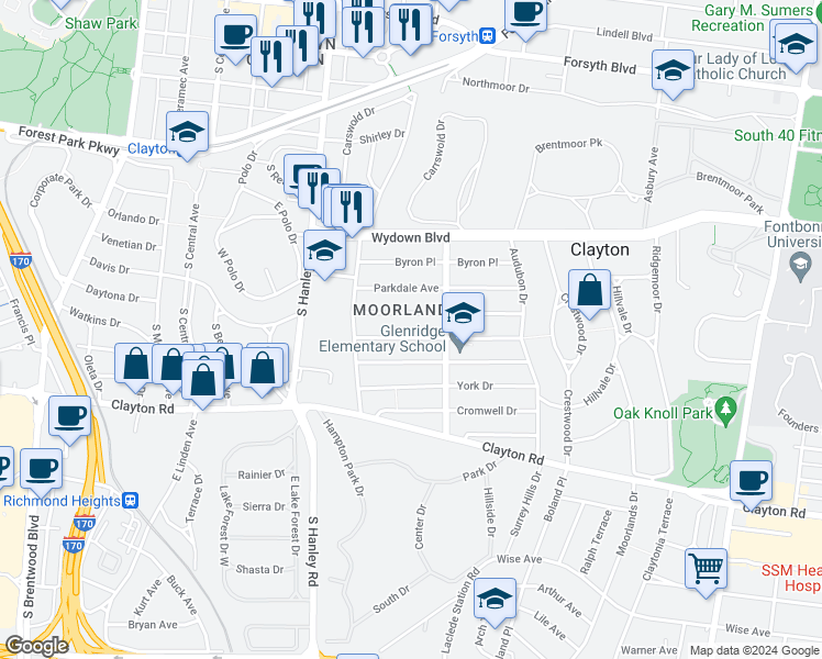 map of restaurants, bars, coffee shops, grocery stores, and more near in Clayton