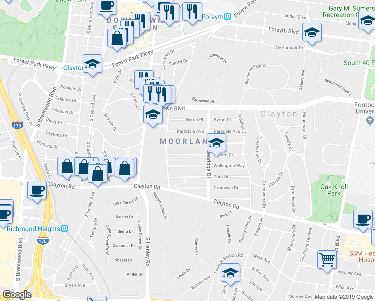 map of restaurants, bars, coffee shops, grocery stores, and more near in Clayton