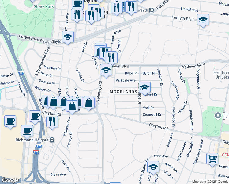 map of restaurants, bars, coffee shops, grocery stores, and more near 7569 Oxford Drive in Clayton