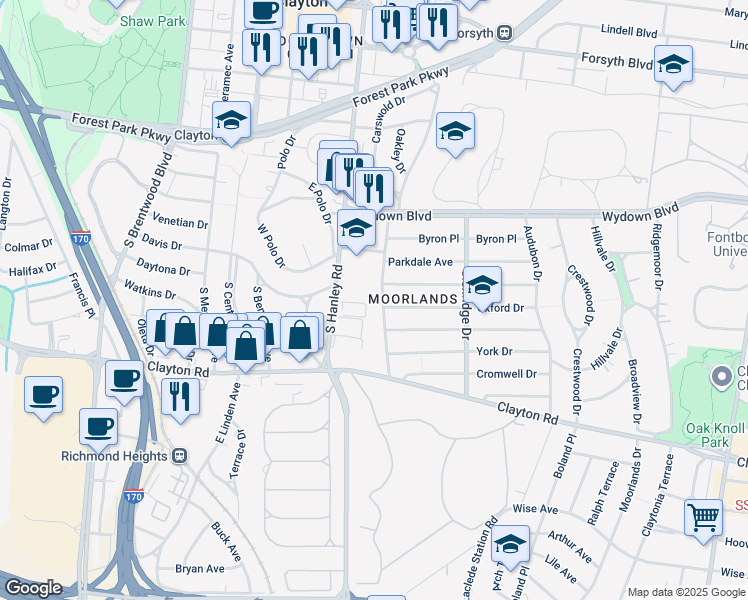 map of restaurants, bars, coffee shops, grocery stores, and more near 7569 Oxford Drive in Clayton