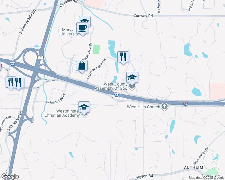 map of restaurants, bars, coffee shops, grocery stores, and more near 700 North Outer 40 Road in St. Louis