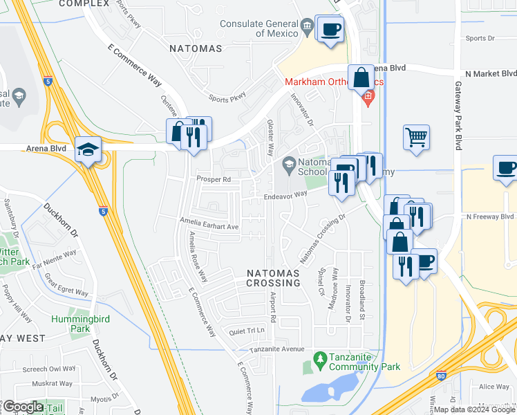 map of restaurants, bars, coffee shops, grocery stores, and more near 2324 Endeavor Way in Sacramento