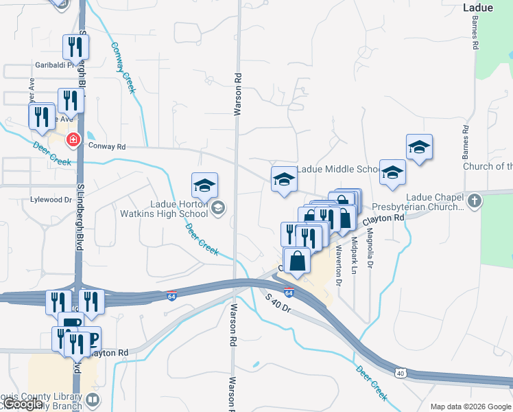 map of restaurants, bars, coffee shops, grocery stores, and more near 18 Warson Terrace Drive in St. Louis