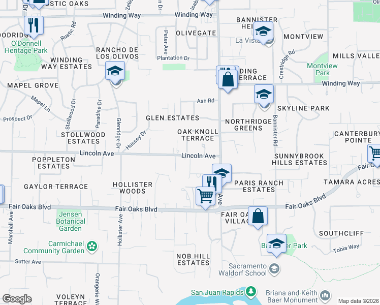 map of restaurants, bars, coffee shops, grocery stores, and more near 4200 Oak Knoll Drive in Carmichael