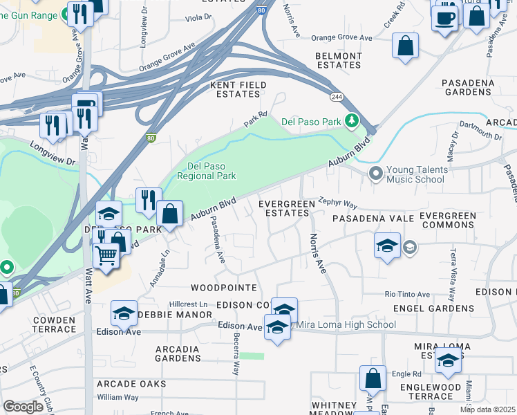 map of restaurants, bars, coffee shops, grocery stores, and more near 4137 Beresford Way in Sacramento
