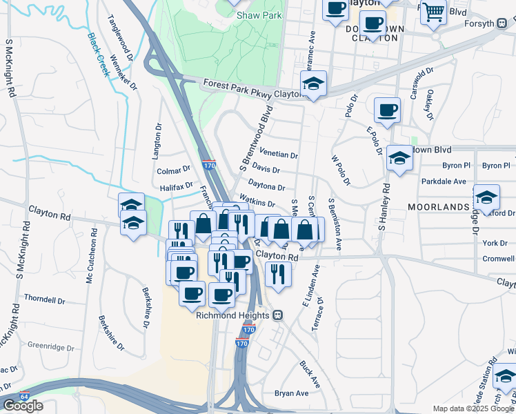 map of restaurants, bars, coffee shops, grocery stores, and more near 8050 Watkins Drive in Clayton