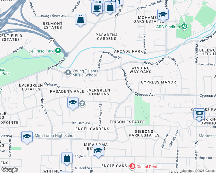 map of restaurants, bars, coffee shops, grocery stores, and more near 4513 Baron Avenue in Sacramento