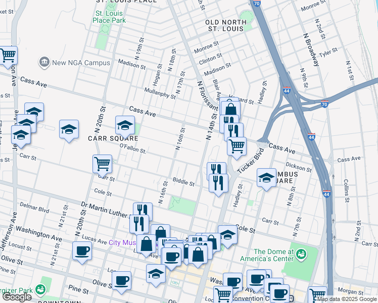 map of restaurants, bars, coffee shops, grocery stores, and more near 1500 Preservation Place in St. Louis