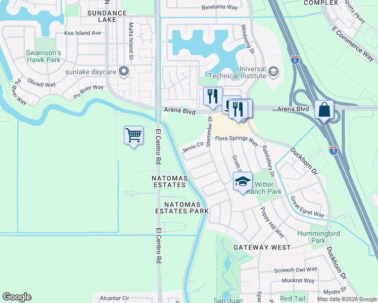 map of restaurants, bars, coffee shops, grocery stores, and more near 110 Jarvis Circle in Sacramento