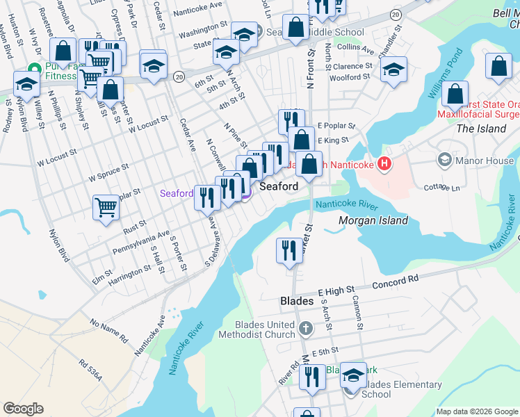 map of restaurants, bars, coffee shops, grocery stores, and more near 120 South Cannon Street in Seaford
