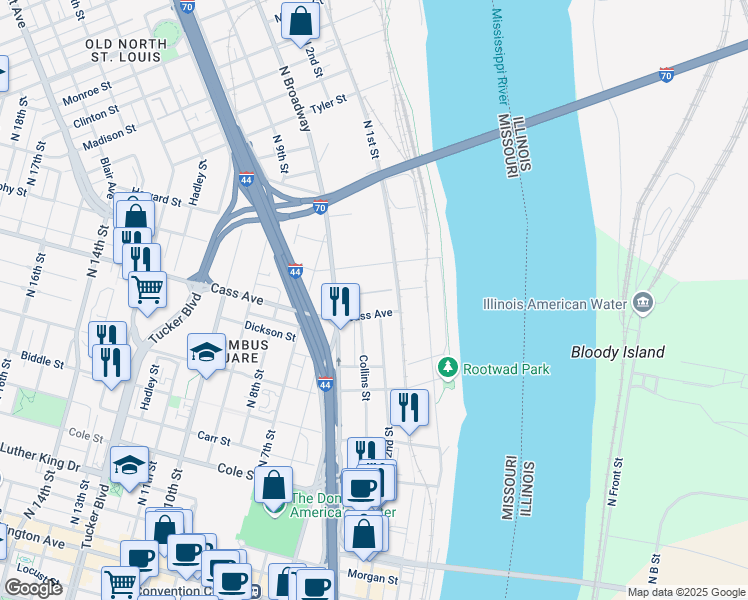 map of restaurants, bars, coffee shops, grocery stores, and more near 217 Cass Avenue in St. Louis