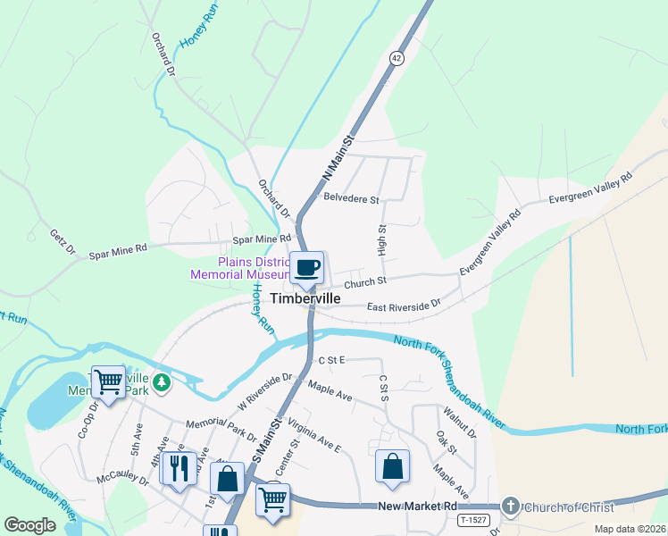 map of restaurants, bars, coffee shops, grocery stores, and more near 189 Community Cir in Timberville