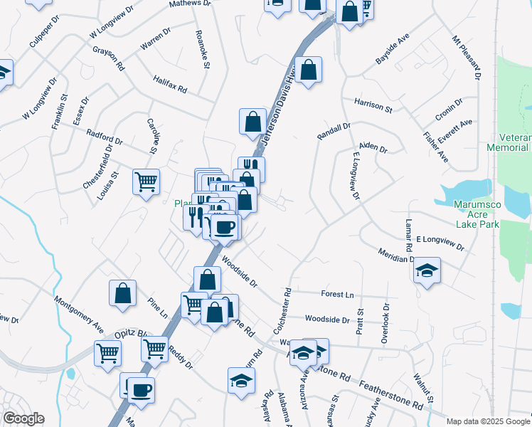 map of restaurants, bars, coffee shops, grocery stores, and more near 14398 Gemstone Drive in Woodbridge