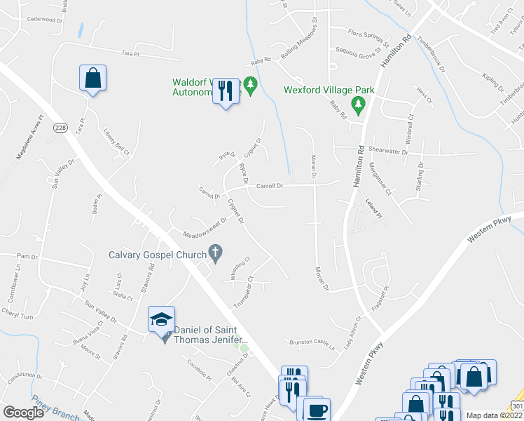 map of restaurants, bars, coffee shops, grocery stores, and more near 2525 Ryce Drive in Waldorf