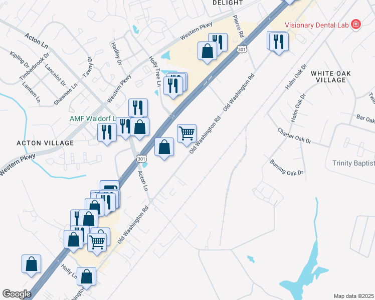 map of restaurants, bars, coffee shops, grocery stores, and more near 2539 Old Washington Road in Waldorf