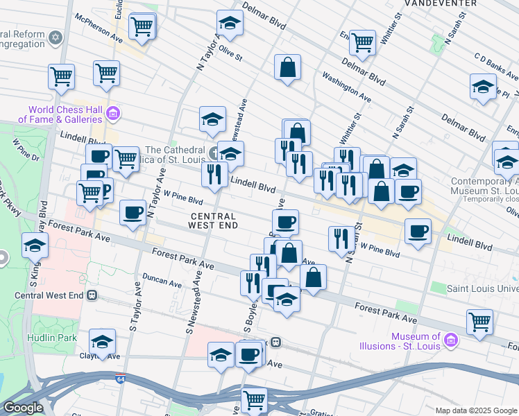 map of restaurants, bars, coffee shops, grocery stores, and more near 4335 West Pine Boulevard in St. Louis