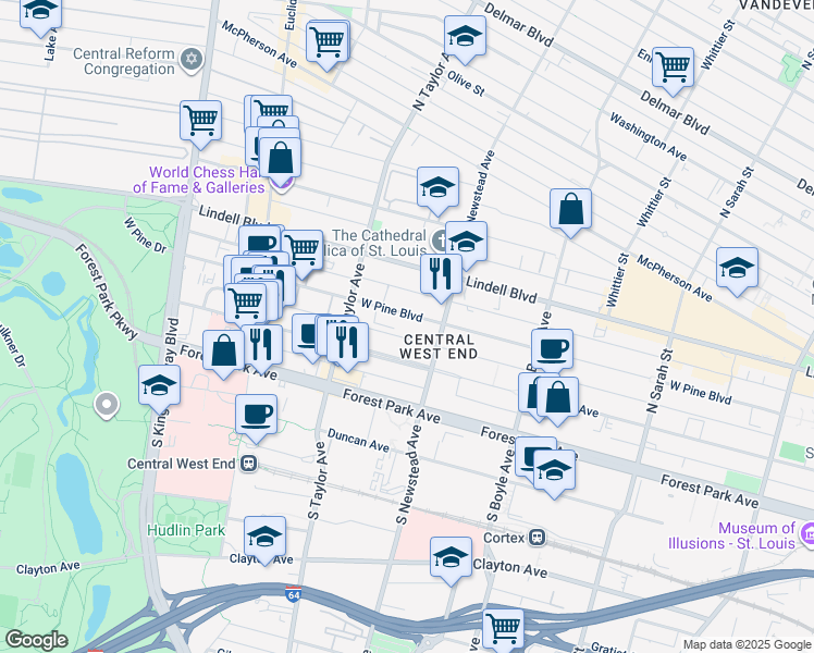map of restaurants, bars, coffee shops, grocery stores, and more near 4444 West Pine Boulevard in St. Louis