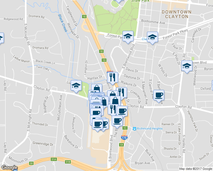 map of restaurants, bars, coffee shops, grocery stores, and more near 8121 Whitburn Drive in Clayton