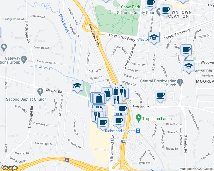 map of restaurants, bars, coffee shops, grocery stores, and more near 8121 Whitburn Drive in Clayton