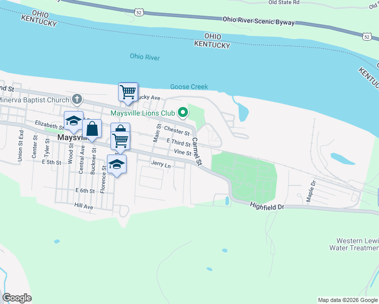 map of restaurants, bars, coffee shops, grocery stores, and more near 1429 Vine Street in Maysville