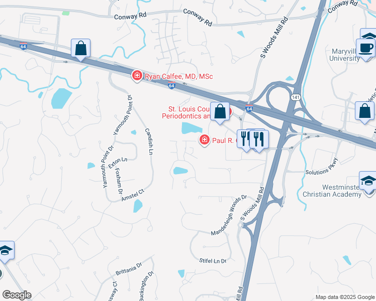 map of restaurants, bars, coffee shops, grocery stores, and more near 735 Willow Spring Hill Court in Chesterfield