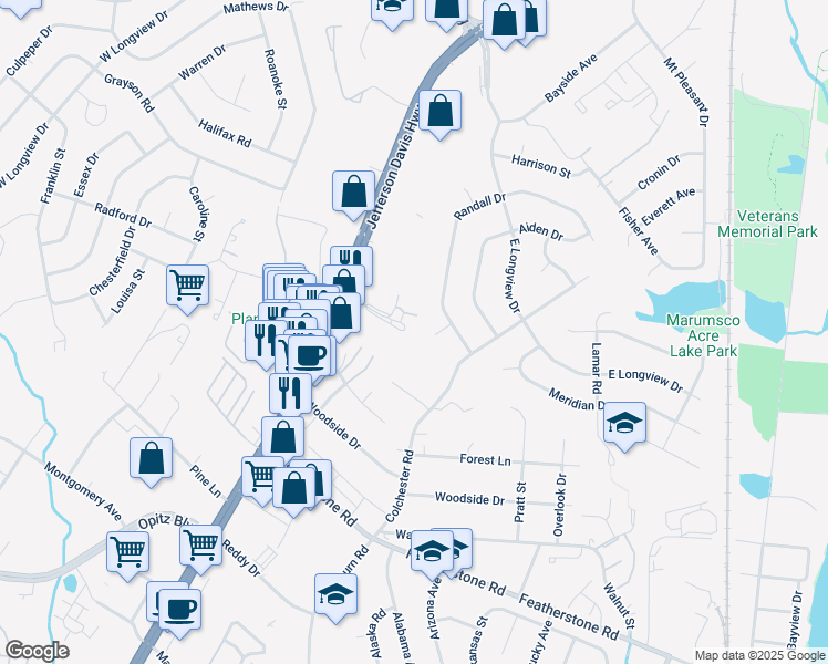 map of restaurants, bars, coffee shops, grocery stores, and more near 14429 Village Drive in Woodbridge