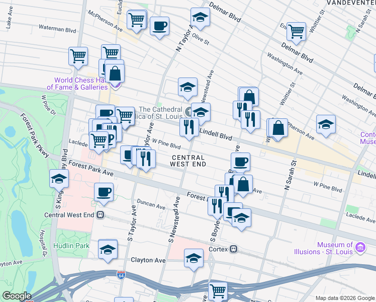 map of restaurants, bars, coffee shops, grocery stores, and more near in St. Louis