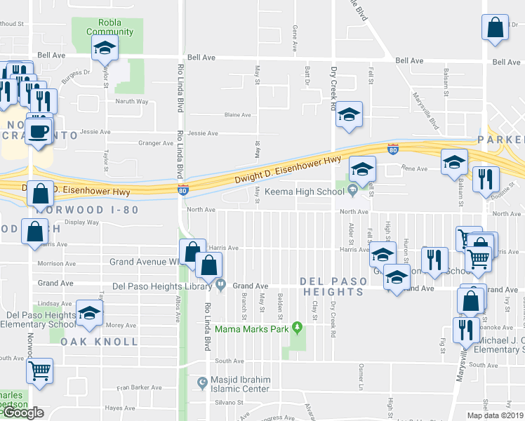 map of restaurants, bars, coffee shops, grocery stores, and more near North Avenue & May Street in Sacramento