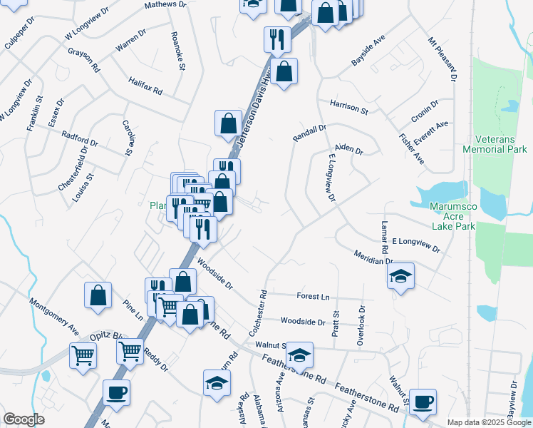 map of restaurants, bars, coffee shops, grocery stores, and more near 14429 Village Drive in Woodbridge