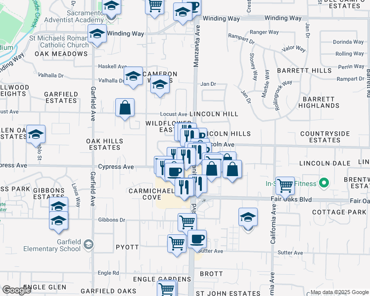 map of restaurants, bars, coffee shops, grocery stores, and more near 4141 Manzanita Avenue in Carmichael