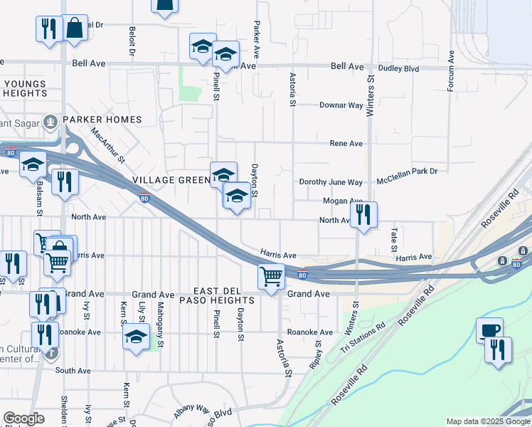 map of restaurants, bars, coffee shops, grocery stores, and more near 2125 North Avenue in Sacramento