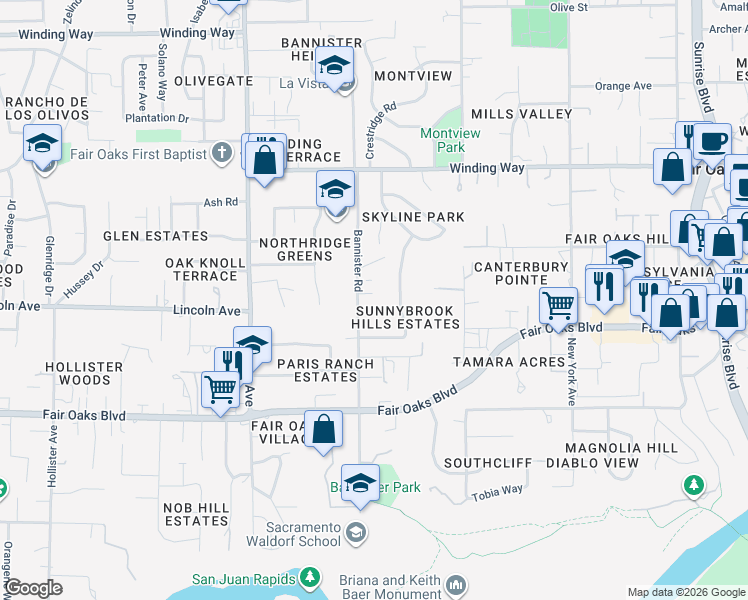 map of restaurants, bars, coffee shops, grocery stores, and more near 4204 Bannister Road in Fair Oaks