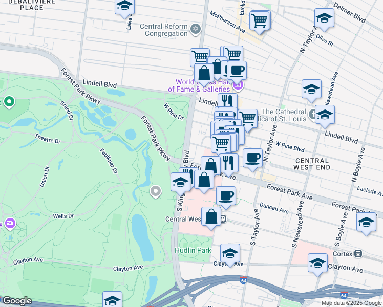 map of restaurants, bars, coffee shops, grocery stores, and more near 4999 Forest Park Avenue in St. Louis