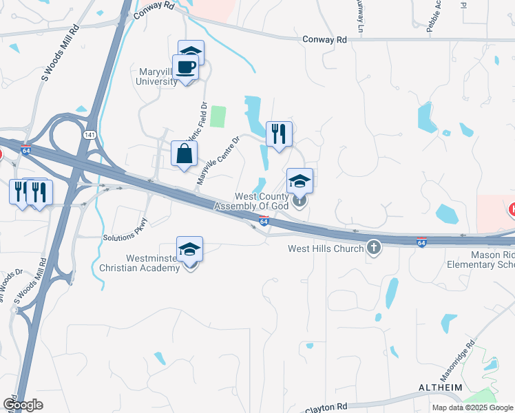 map of restaurants, bars, coffee shops, grocery stores, and more near 700 North Outer 40 Road in St. Louis