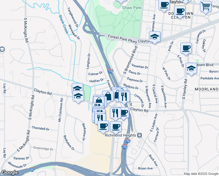 map of restaurants, bars, coffee shops, grocery stores, and more near 8121 Whitburn Drive in Clayton