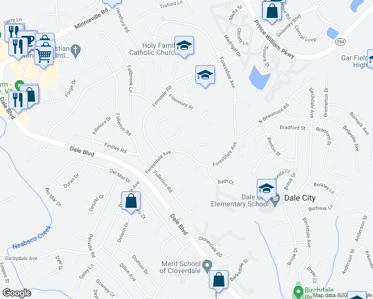 map of restaurants, bars, coffee shops, grocery stores, and more near 3493 Forestdale Avenue in Woodbridge