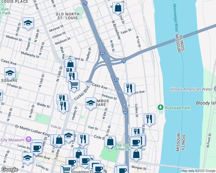 map of restaurants, bars, coffee shops, grocery stores, and more near 818 Cass Avenue in St. Louis