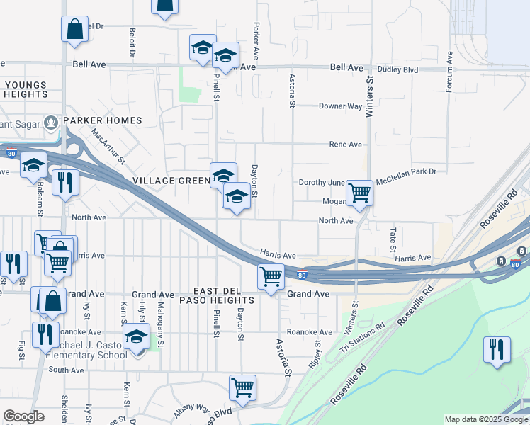 map of restaurants, bars, coffee shops, grocery stores, and more near 2125 North Avenue in Sacramento