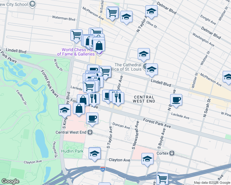 map of restaurants, bars, coffee shops, grocery stores, and more near in St. Louis