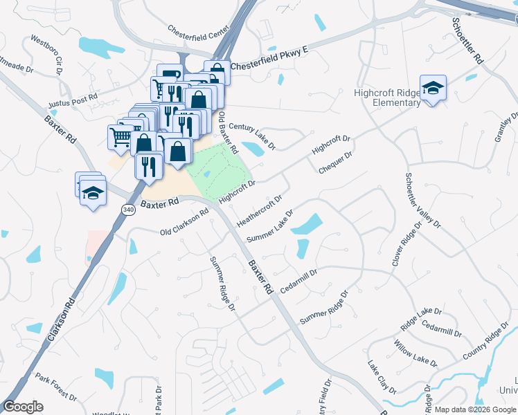 map of restaurants, bars, coffee shops, grocery stores, and more near 15671 Heathercroft Drive in Chesterfield