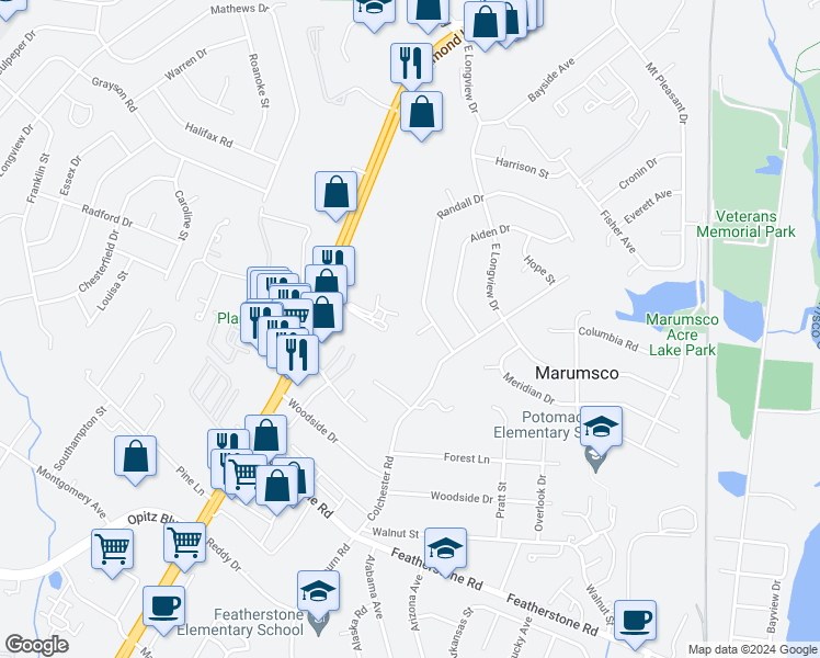 map of restaurants, bars, coffee shops, grocery stores, and more near 1564 Randall Court in Woodbridge