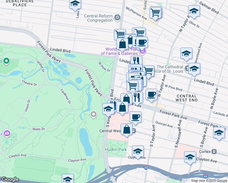 map of restaurants, bars, coffee shops, grocery stores, and more near 18 South Kingshighway Boulevard in St. Louis