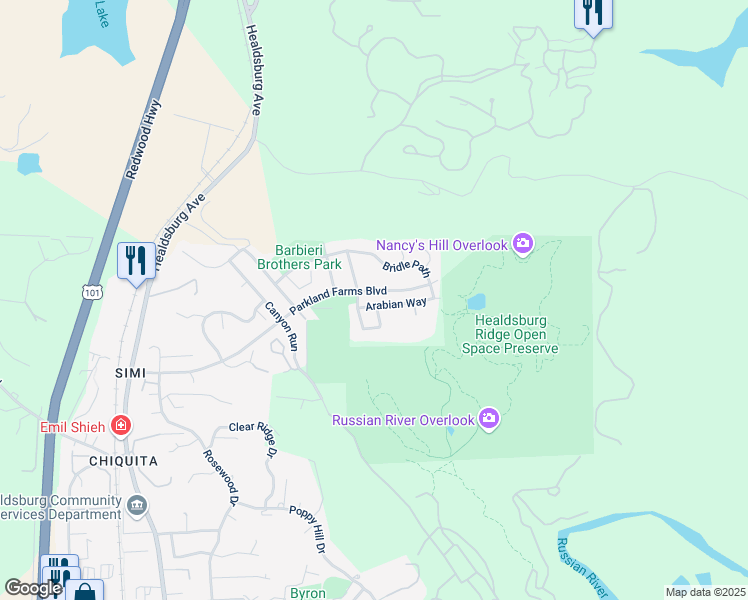 map of restaurants, bars, coffee shops, grocery stores, and more near 353 Arabian Way in Healdsburg