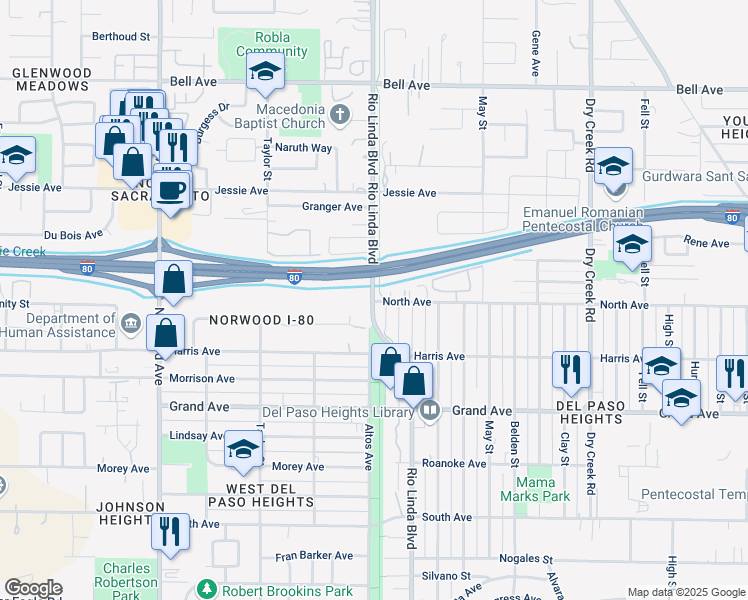 map of restaurants, bars, coffee shops, grocery stores, and more near 803 North Avenue in Sacramento
