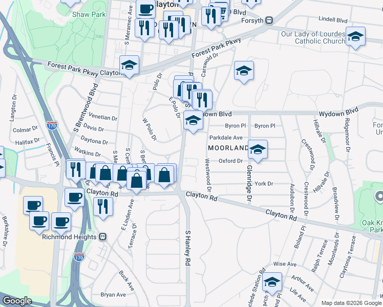 map of restaurants, bars, coffee shops, grocery stores, and more near 800 South Hanley Road in Clayton