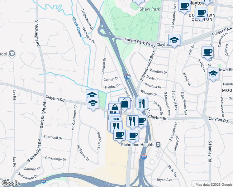 map of restaurants, bars, coffee shops, grocery stores, and more near 8130 Roxburgh Drive in Clayton