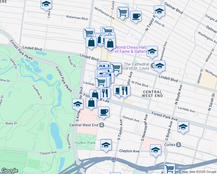 map of restaurants, bars, coffee shops, grocery stores, and more near 4579 Laclede Avenue in St. Louis