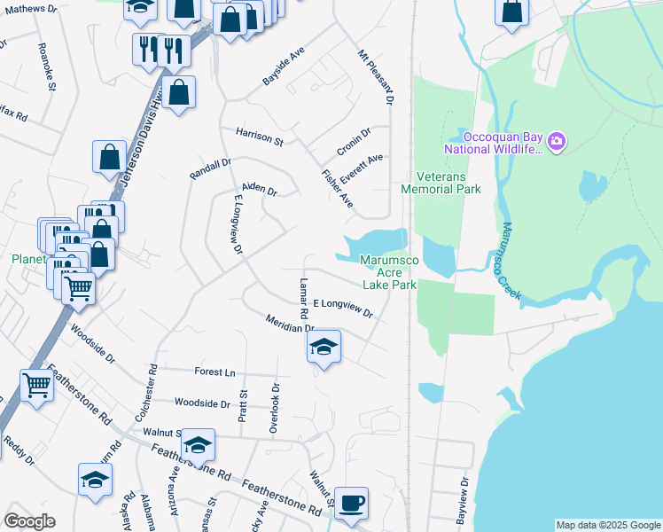 map of restaurants, bars, coffee shops, grocery stores, and more near 1306 Columbia Road in Woodbridge