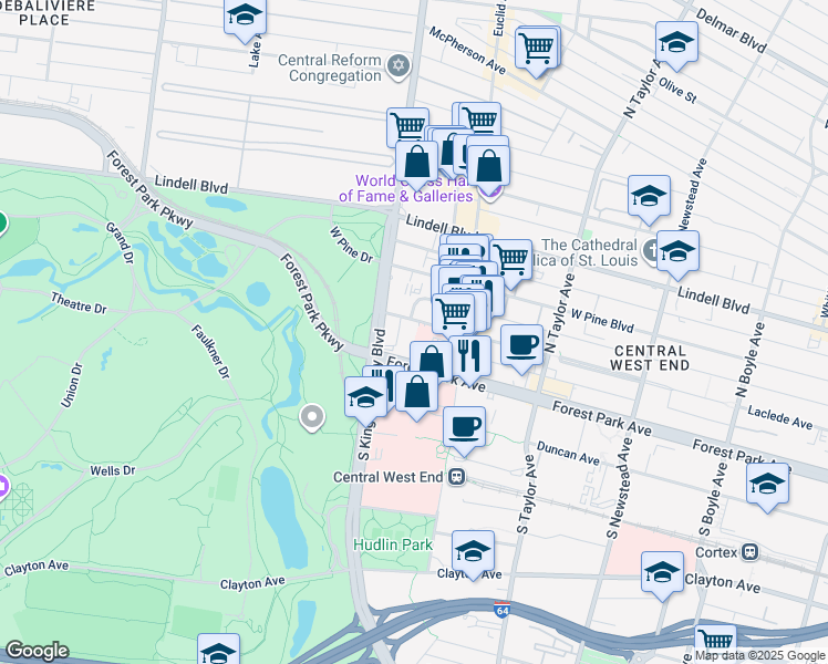 map of restaurants, bars, coffee shops, grocery stores, and more near 4967 Forest Park Avenue in St. Louis