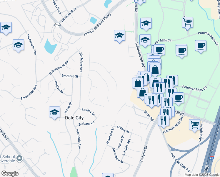 map of restaurants, bars, coffee shops, grocery stores, and more near 14335 Belleville Avenue in Woodbridge